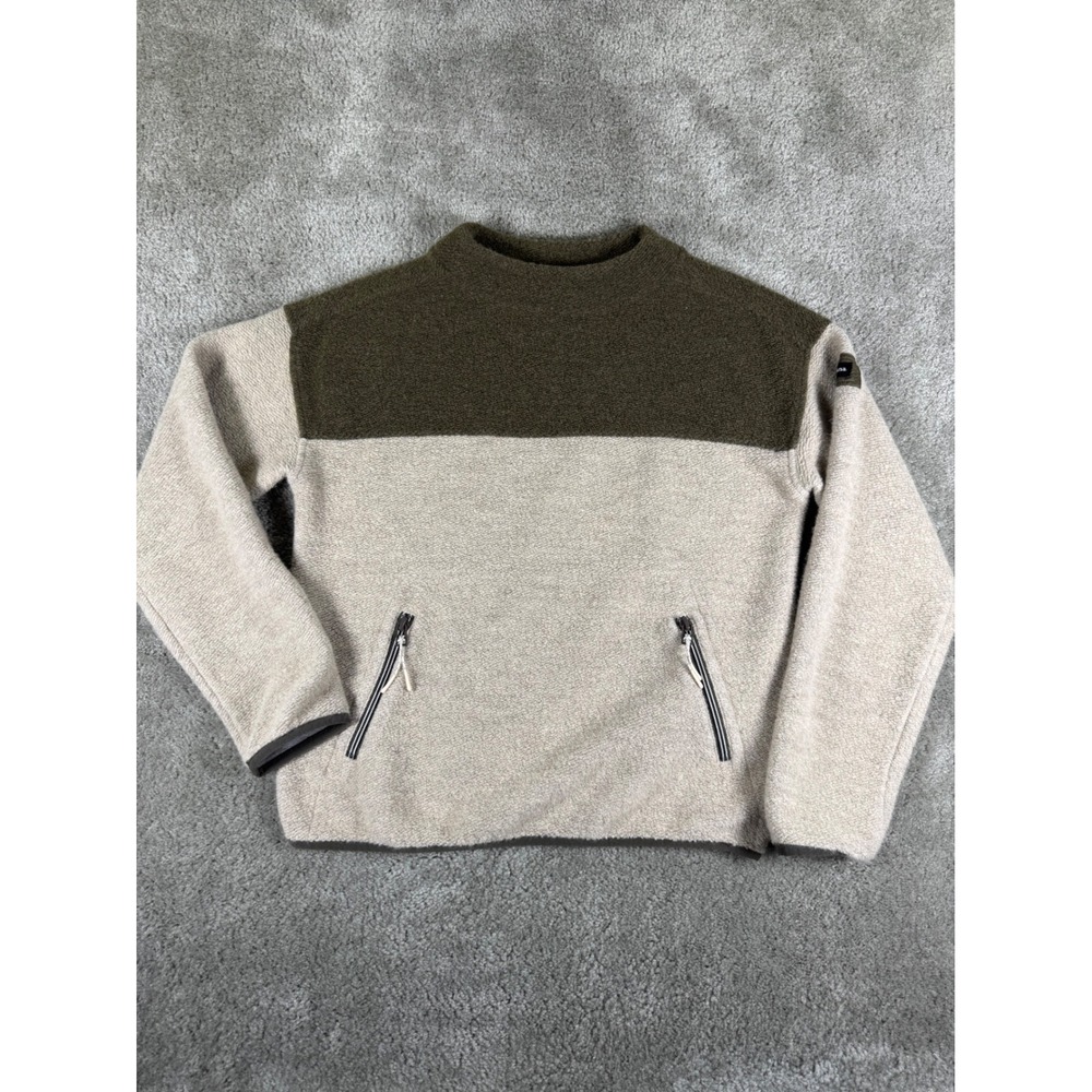 Prana Colorblock Recycled Wool Blend Fleece Pullover Tan Olive Green Small